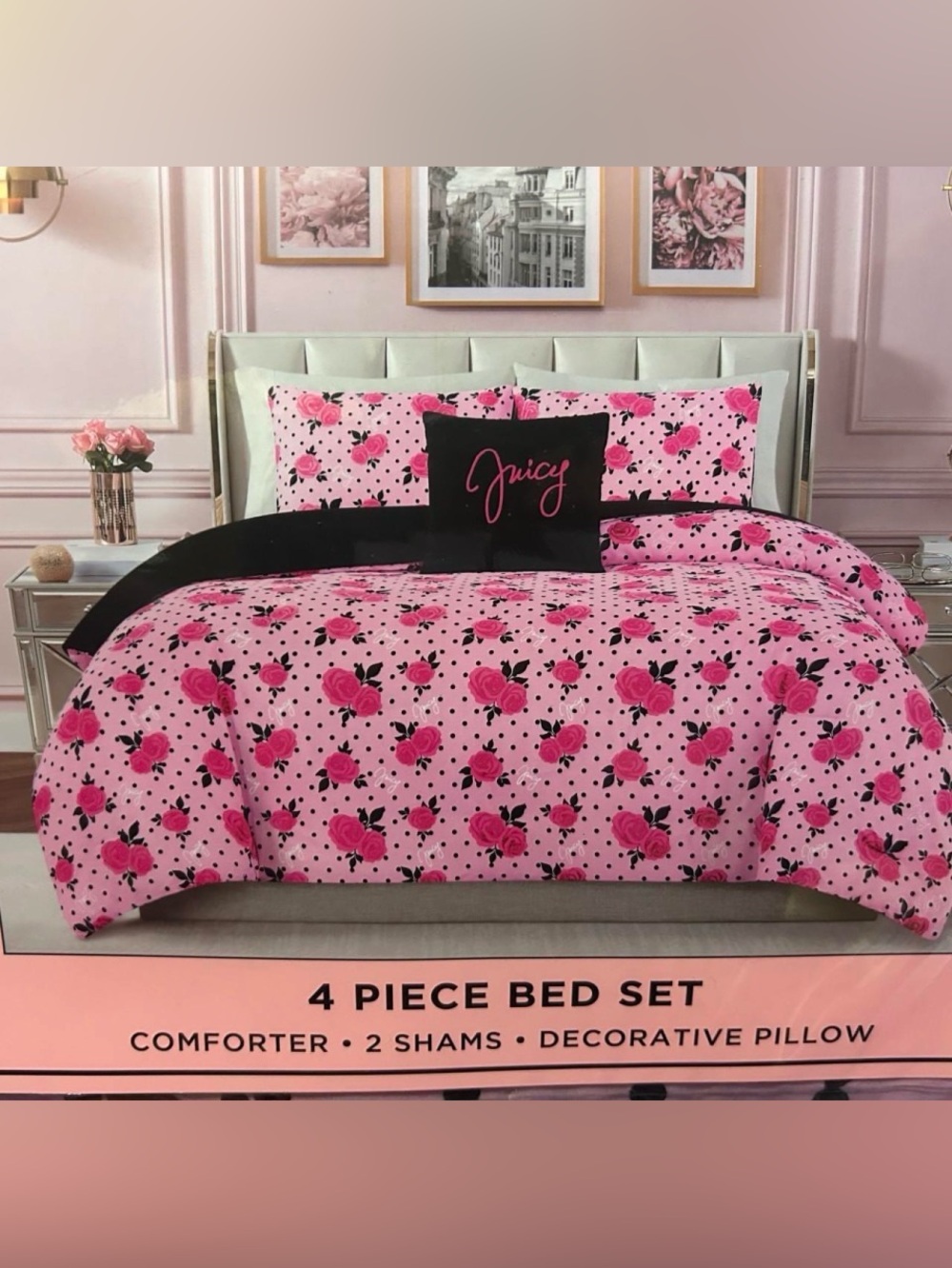 Juicy Couture Pink and Black Floral 4-Piece Comforter Set